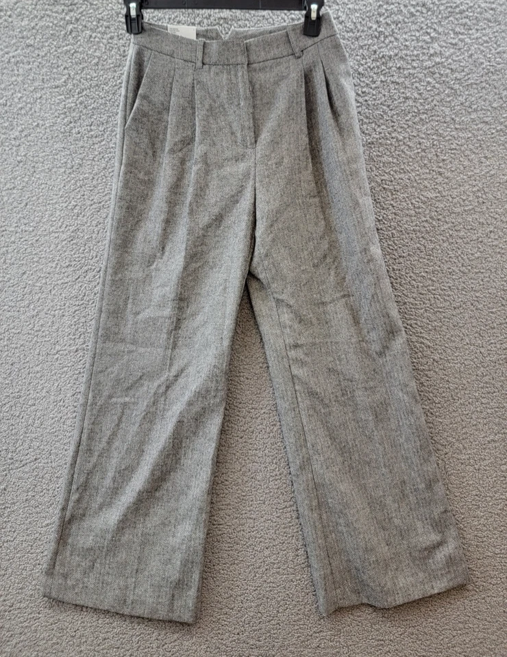 DKNY 高腰羊毛混纺阔腿裤女式 2 码黑色/象牙色拉链/挂钩和条形 — 第 2/4 张图片