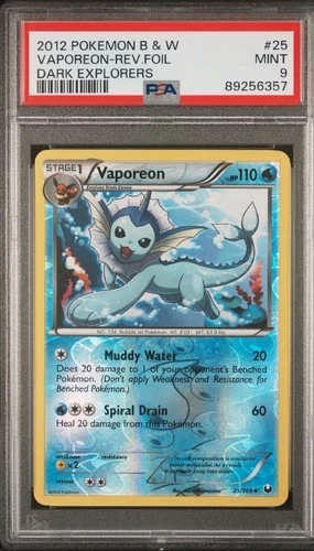 PSA 9 Mint 2012 POKEMON Black &  White DARK EXPLORERS Vaporeon 25 REVERSE FOIL