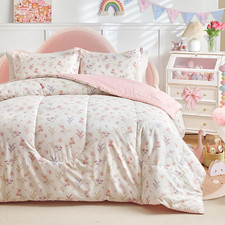Joyreap 3Pcs Cotton Comforter Set For Girls Pink Floral Design Twin Size Soft N