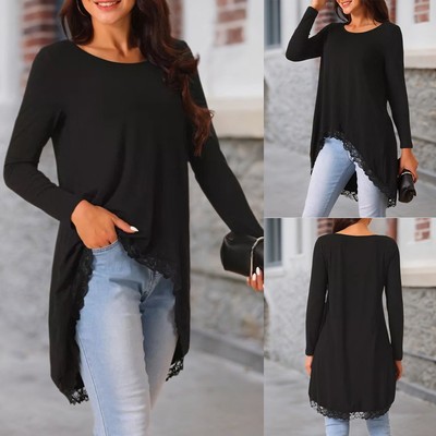 Damen Spitze Langarm T-Shirt Freizeit Blusehemd Lose Oberteile Party Longtop DE
