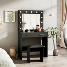 Dressing Table with LED Mirror 2 Drawers and PU Stool Black/White/Grey