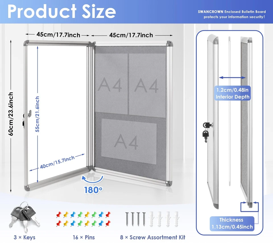 SWANCROWN Enclosed Bulletin Board 24x18 in, Tamperproof Lockable Grey Felt Bo... - Image 2 of 4