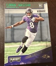2018 Panini Playoff Lamar Jackson Green Parallel Rookie Card -Ravens. rookie card picture