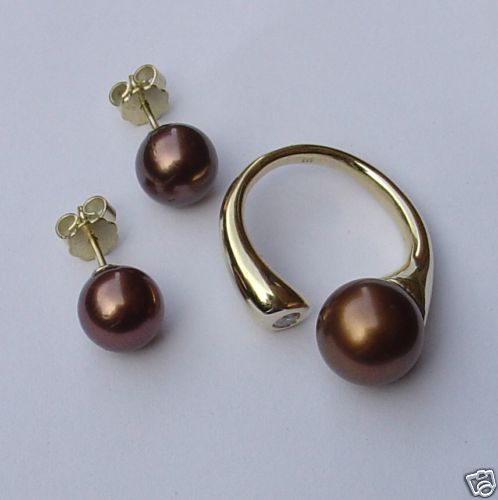 * Set perle di Tahiti, anello e orecchini, oro 585 tutte le misure dell'anello, fatti a mano * - Foto 1 di 3