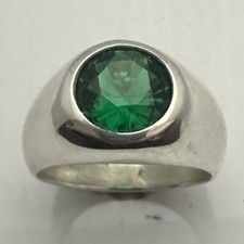 MJG STERLING SILVER MEN'S RING.10MM FACETED LAB EMERALD. SIZE 9. MAY BIRTHSTONE
