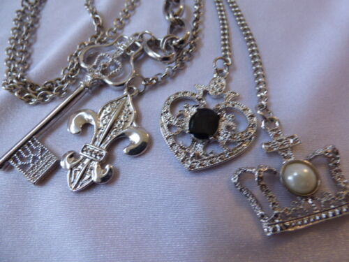 Charmong Key Heart Fleur de Lis Croen Silver Tone Long chain Necklace 26"L - Picture 3 of 9