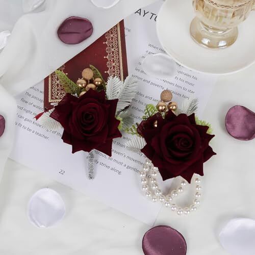 2 Stück Corsage und Boutonniere Set, Rose Handgelenk Corsage für Bräute Burgund - Bild 3 von 8