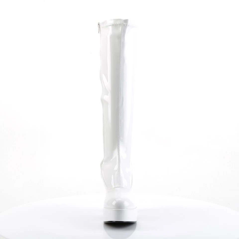 Sexy 4" Tacón Grueso Blanco Patente Plataforma Gogo Disfraz Botas Hasta la Rodilla EXO2000/W Foto 2 de 4