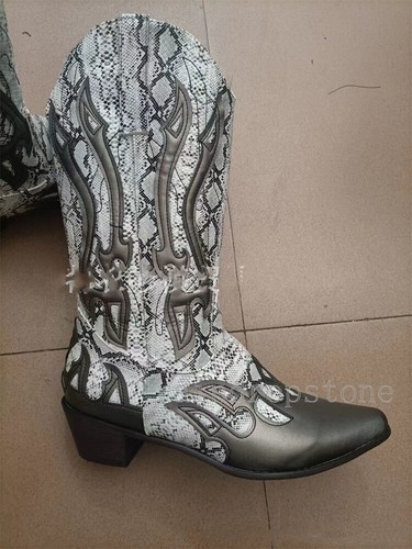 Winter Mens Faux Leather Embroidered Pointed Toe Boots Vintage Cowboy Boot Shoes - Picture 8 of 27