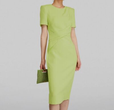 Roland Mouret Pleated Draped Short-Sleeve Midi Dress, Green, Women's, 0, Cocktail & Party Wedding Guest Dresses Short-Sleeve Dresses