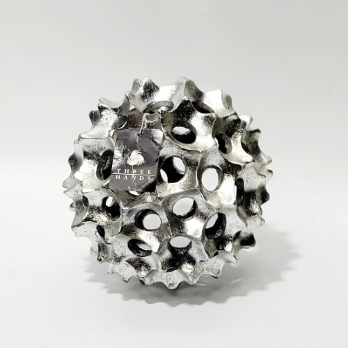 THREE HANDS Corp Spiked Orb Metallic Silver DISTRESSED Resin Sculpture Decor NEW - Picture 1 of 24
