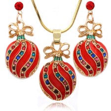 Christmas Ornament Charm Earrings Pendant Necklace Holiday Jewelry Set Gift Box