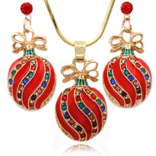 Christmas Ornament Charm Earrings Pendant Necklace Holiday Jewelry Set Gift Box