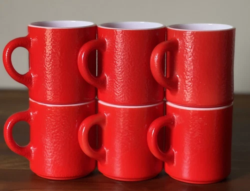 Set of 6 Vintage Hazel Atlas Red Orange Peel Coffee Mugs Milk Glass