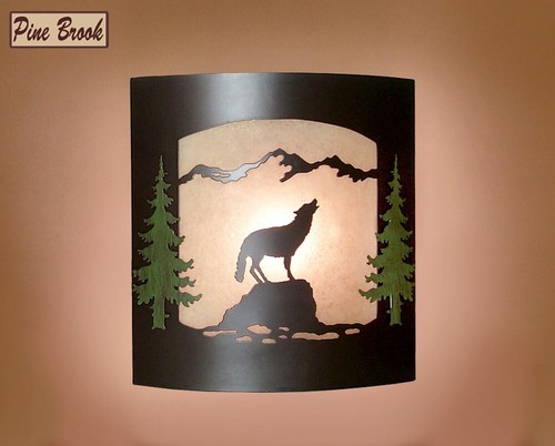 Rustic Wolf Wall Sconce – Frosted Amber Glass & Bronze Metal Light Fixture - Picture 2 of 2