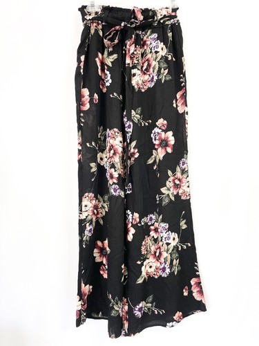Illa Illa Womens Small Wide Leg Pant Black Floral Print Flowy Gauze Tie Belt NWT