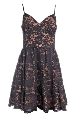 AQUA ~ Black Lace Over Tan Silk Trim Fit & Flare Party Dress 8 NEW $220