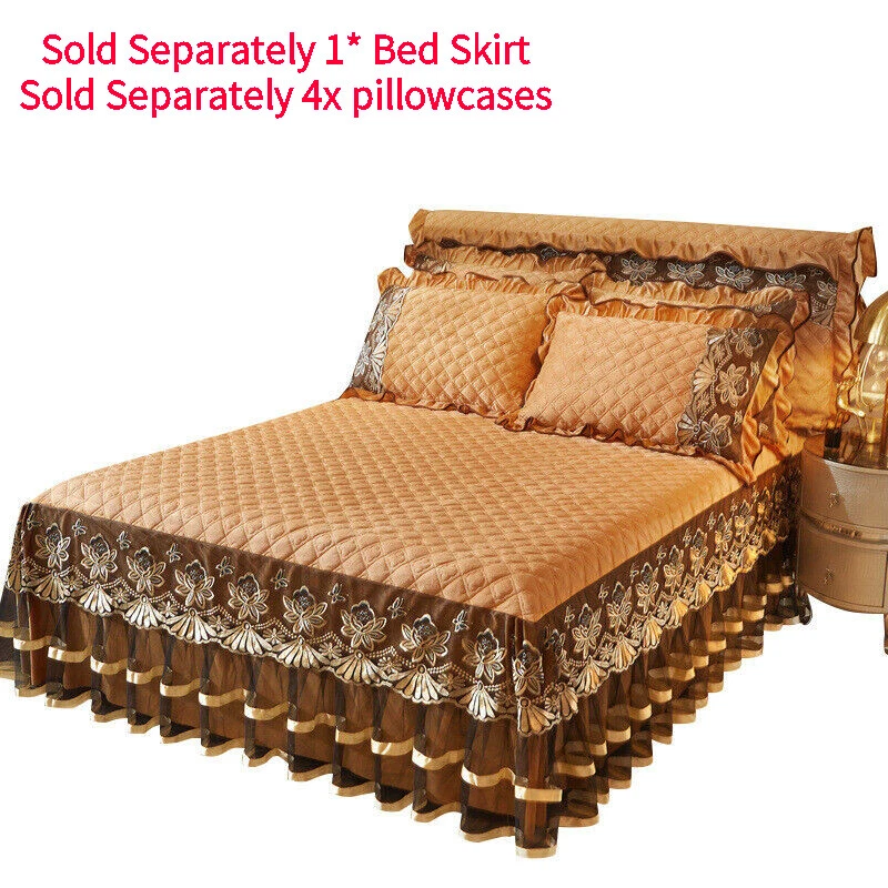 Colcha acolchada de terciopelo malla con volantes falda cama caída sábana juego de funda de colchón Foto 3 de 4