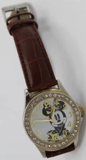 Disney MZB Quartz Watch Minnie Mouse new Battery Silver Brown Strap Rhinestones
