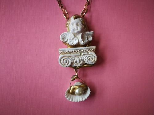 Guardian Angel Winged Jewelry Necklace Pendant Shell Golden Pearl Celestial Halo - Picture 15 of 24