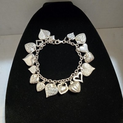 Vintage 'JCM' Sterling Silver Mauritius Puffy Heart Charm Bracelet 7.25 Inch