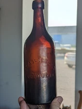*RARE* Amber QUART Blob Top PEASLEES ALE Beer Advertising Dubuque Iowa IA Bottle