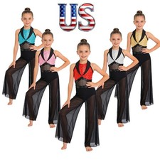 Girls Lyrical Dance Jumpsuit Sparkly Gymnastics Leotard Bodysuit Figure Skating
