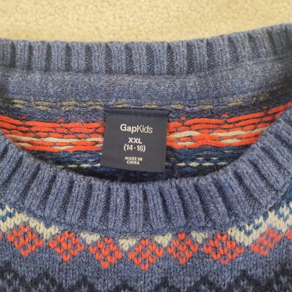Suéter Gap Niños Cuello Redondo Fair Isle Talla XXL 14-16 Azul Rosa Algodón Lana ¡Suave!  Foto 3 de 4
