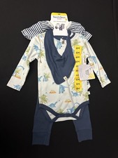 Burt's Bees Baby Pants Set Boys 6M Blue Dinosaur Organic Bodysuit Bib 4 Piece