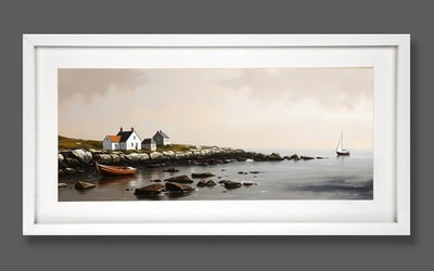 Moderne minimalistische Wandkunst Küstenhütten Segelboote erdig weiß gerahmt