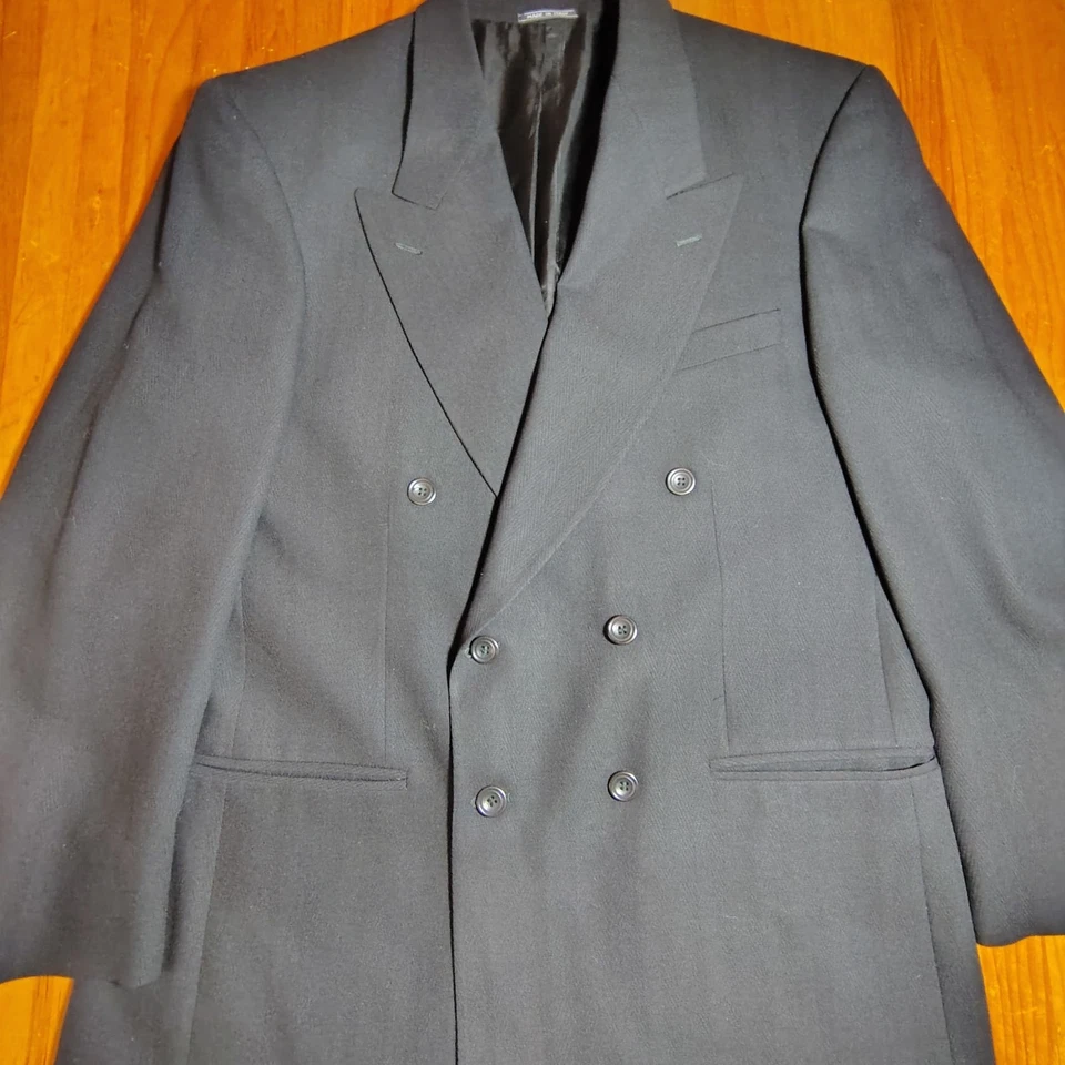 Blazer Abrigo Deportivo Negro 42L Hecho en Italia Super 100’s Lana Doble Pecho Foto 2 de 4