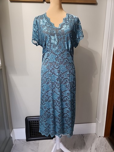 Vintage Wintersilks Aqua Blue Teal Lace Midi Dress by Winter Silks Large - Picture 4 of 14