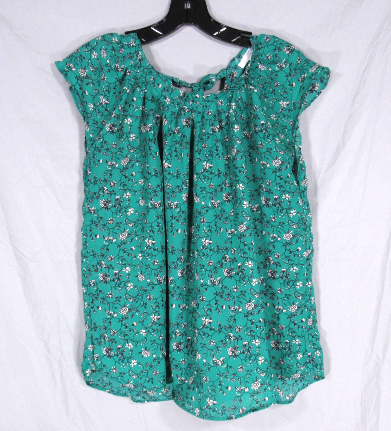 LC LAUREN CONRAD Green GEORGETTE Floral PLEATED TIE NECKLINE Blouse/Top Sz L