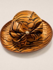 Vintage Ann Marie Tiger Print Wide Brim Hat Bow Rhinestone Made in USA