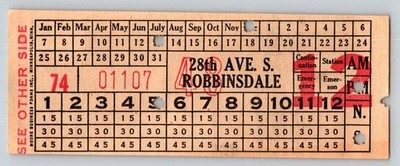1940s Minneapolis Streetcar Bus Transfer Ticket 28th Ave S Robbinsdale 1974