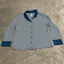 Flora Nikooz Geometric Print Pajama Top Long Sleeve Collared Button Up Blue M
