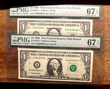 1995 $1 Federal Reserve Web Notes PMG 67 EPQ SUPERB GEM (4) SEQUINTIAL Notes!!!