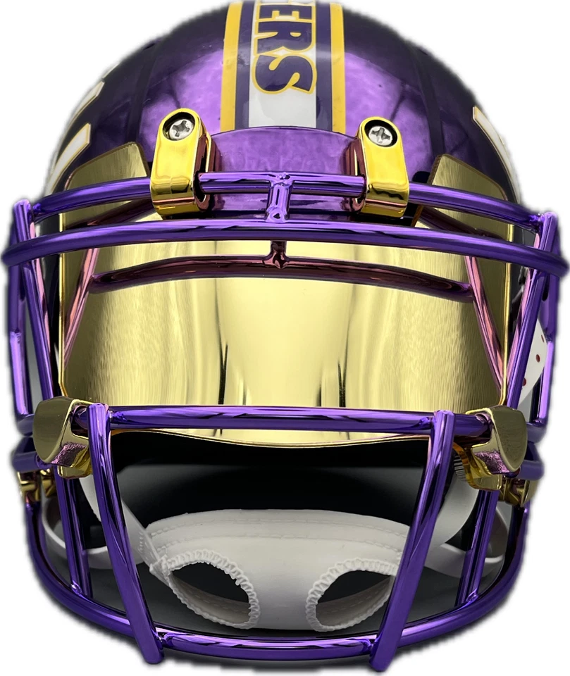Mini casco personalizado LSU Tigers cromo púrpura con metal púrpura FM y visera dorada Foto 2 de 4