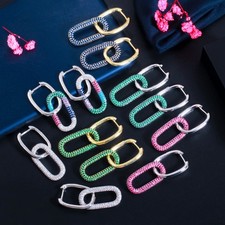 Women Oval Earrings Dangle Drop Huggie Hoop Cubic Zirconia Gold Plated Jewelry