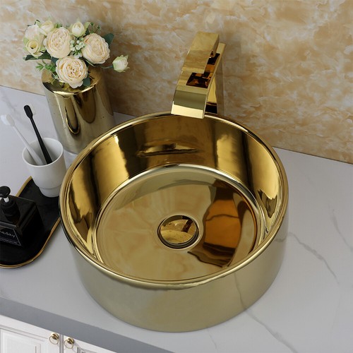 Bathroom Ceramic Basin Bowl Vanity Vessel Sink Mixer Golden Brass Faucet Drain - Picture 8 of 9