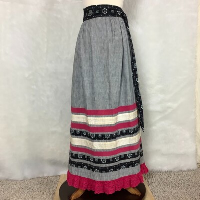 Vintage 60s 70s Peasant Striped Mixed Print Crochet Hem Maxi Skirt