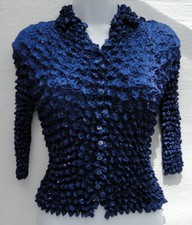 Nueva Blusa Top Camisa Azul Marino Botón Frontal Palomitas Manga Larga Brillante