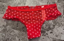 NWT VICTORIA'S SECRET RED PINK FLOCKED HEART MESH STRAPPY RUFFLE CHEEKY PANTIES