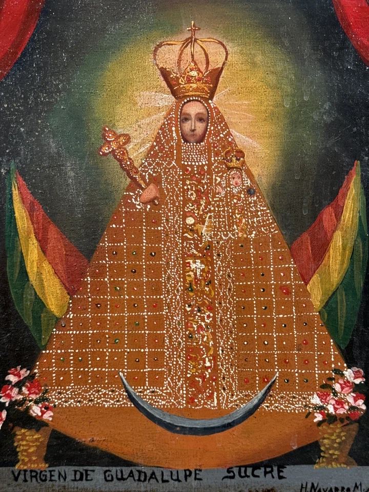 Spanish Colonial Peruvian Oil Painting Virgin Mary Christ Child Retablo Folk Art - Image 2 of 4