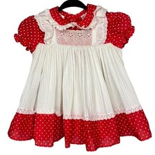 Vintage apron dress girls cottagecore Polk dot ruffle puff sleeve red white 2T