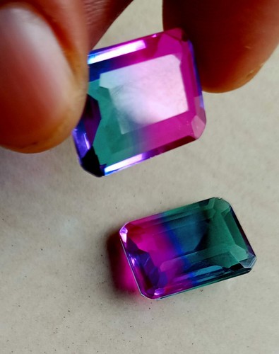 29.65 CT Good Looking Emerald Cut BI-Multicolor Tourmaline Loose Gemstone 2 Pcs - Picture 4 of 5