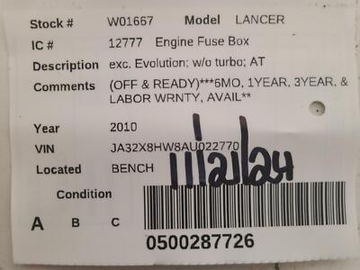 Used Fuse Box Engine fits: 2010 Mitsubishi Lancer exc. Evolution w/o turbo AT Gr