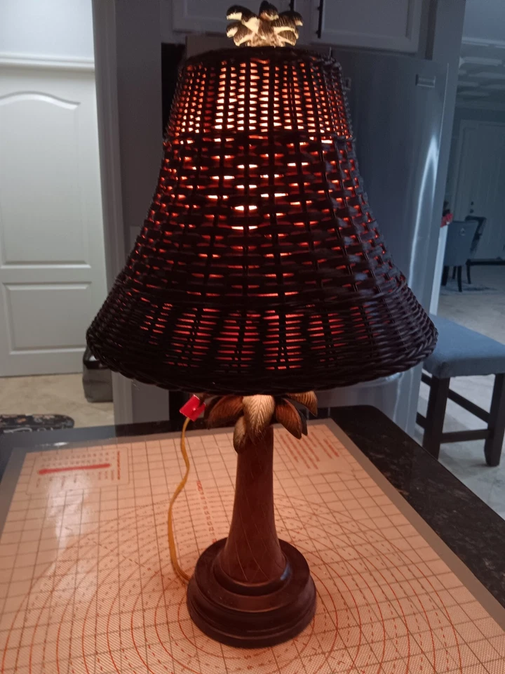 2 Vintage Papila Brown Palm Tree Table Lamps, with Wicker shades, Pre-owned  - Image 2 of 4
