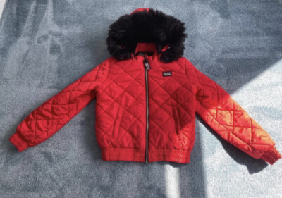 Jacke Mädchen 11-12 Jahre River Island rot wattiert Fellkapuze 