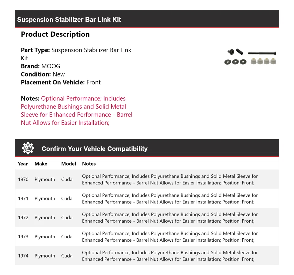 Kit de eslabones de barra estabilizadora de suspensión delantera MOOG 1970-1974 para Plymouth Cuda 1970 Foto 2 de 4
